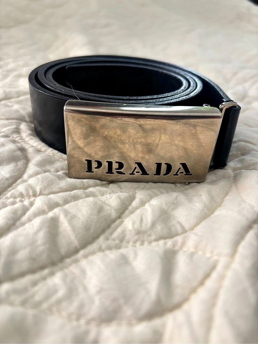 Prada Vintage Metal Cutout Logo Plaque Leather Belt in Black